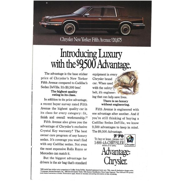 Chrysler New Yorker Fifth Avenue Car Auto 1990s Vintage Print Ad - Picture 1 of 2